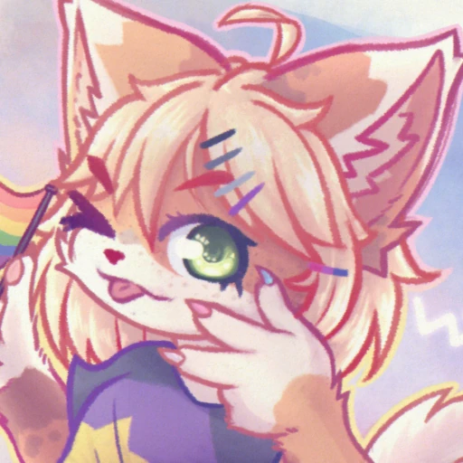 they are a blonde haired anthro with brown spots, with a silly expression (full alt text on bsky)